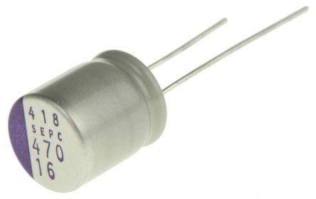 Panasonic 470 μF Through Hole Polymer Capacitor, 16V dc - pack size 200 units