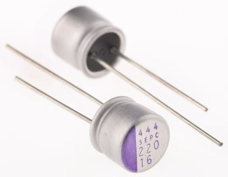 Panasonic 220 μF Through Hole Polymer Capacitor, 16V dc - pack size 200 units