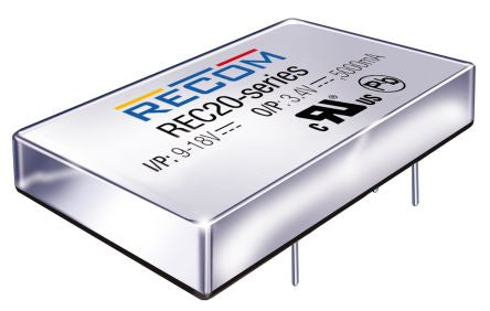 Recom REC20 DC/DC Converter, 15V dc/ 1.34 A, 24V dc Input, 13.5V Input 20 W, Through Hole, 100 °C Max Temp -40 °C Min