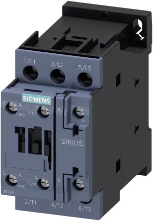 Siemens 3RT2 Contactor, 200V ac, 220 V ac Coil, 3-Pole, 25 A, 11 kW 220V ac, 3 NO, 690V ac