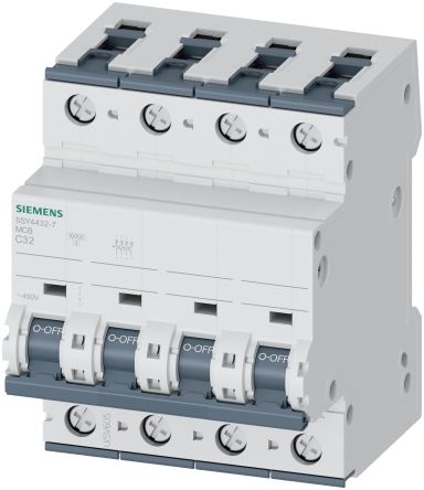 Siemens SENTRON 5SY4 Miniature Circuit Breaker, 4-Pole, 32A, Type C, 400V ac AC, 60 V dc DC, 10 kA Breaking Capacity