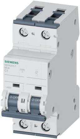 Siemens SENTRON 5SY4 Miniature Circuit Breaker, 2-Pole, 1A, Type C, 400V ac AC, 60 V dc DC, 10 kA Breaking Capacity