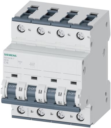 Siemens SENTRON 5SY4 Miniature Circuit Breaker, 4-Pole, 16A, Type C, 400V ac AC, 60 V dc DC, 10 kA Breaking Capacity