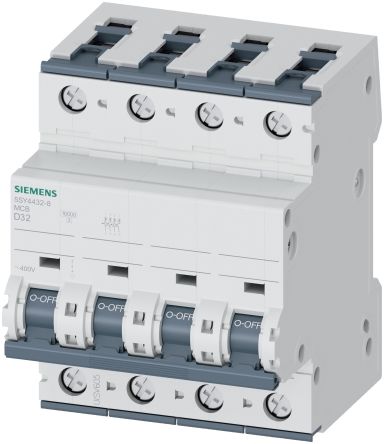 Siemens SENTRON 5SY4 Miniature Circuit Breaker, 4-Pole, 32A, Type D, 400V ac AC, 60 V dc DC, 10 kA Breaking Capacity