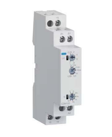 Hager EZM100 Series DIN Rail Timer Relay, 1-Contact, 12 V dc 240V ac, 1 to 360000 s, Multifunction-Function, SPDT Switch