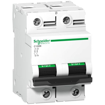 Schneider Electric Acti9 Acti9 C120 Miniature Circuit Breaker, 2-Pole, 63A, Type D, 415V ac AC, 250 V dc DC, 10000 kA