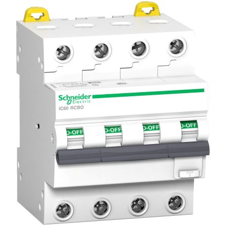 Schneider Electric Residual Current Circuit Breaker with Overload Protection, 20A Current Rating, 4-Pole, 30 mA Trip
